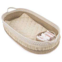 Baby Changing Basket; Handmade Woven Cotton Rope Moses Basket; Changing Table Topper with Mattress Pad(White&Brown)